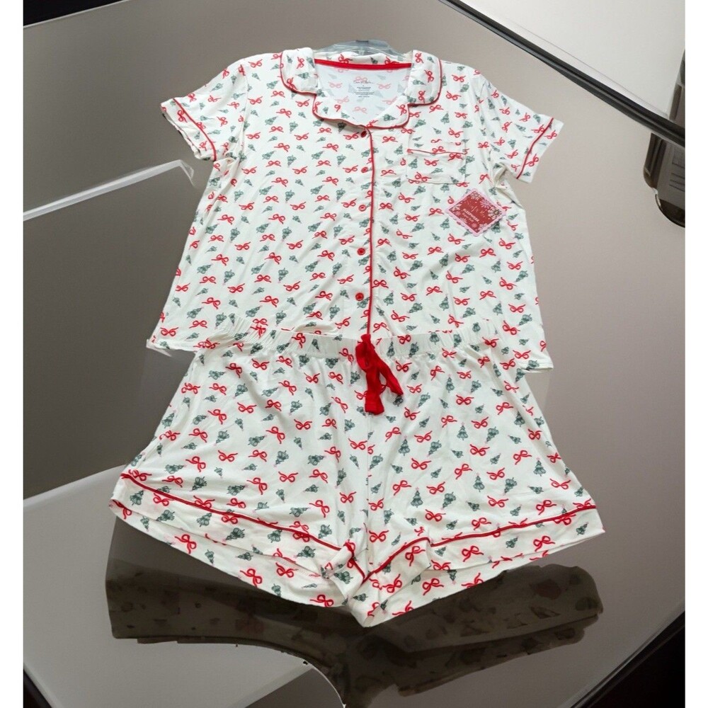 Sam & Olivia Christmas Three And Red Bows Print Women’s Pajama Set Size L